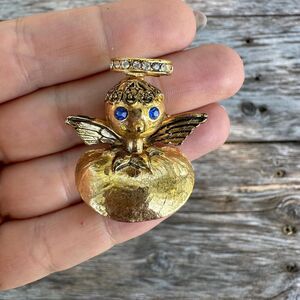 Vintage Signed TORTOLANI Angel On My Shoulder Pin Brooch Halo Wings Blue Eyes